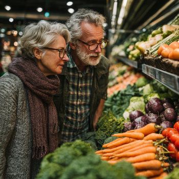 Літня пара готує здорову їжу